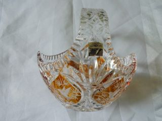 Vintage Basket Hand Cut Amber And Lead Crystal Etched Humming Bird - Poland