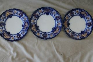 Warf Pottery - Antique Flow Blue - - 3 Plates - 8 " Round - Seville Pattern