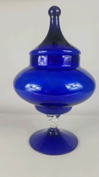 Vintage Mid Century Cobalt Blue Large Glass Empoli Bon Bon Lidded Jar Chemist