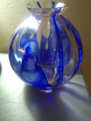 Vintage Art Deco Czech Glass Vase Blue Drip Clear Acid Etched Czechoslovakia