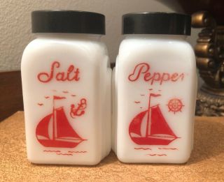 2 Ship Sailboat Salt/pepper Mckee Shakers Milk Glass Red With Black Lid