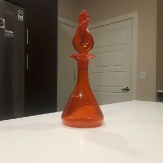 Pilgrim Decanter Red/orange With Bubbles And Large Elaborate Twist Stopper