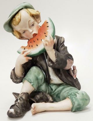 Vintage Signed Bruno Capodimonte Porcelain Figurine Boy Eating Watermelon Italy