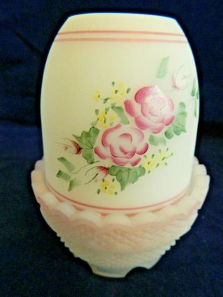 Fenton White Satin Fairy Light Lamp Hand Painted Pink Floral Approx 4 1/2 " High