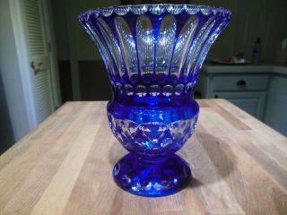 Cobalt Blue Cut To Clear Crystal Vase Xxl Heavy Bohemian