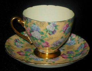 Shelley Summer Glory Yellow Chintz Tea Cup & Saucer Gold Rim Hydrangea Flowers