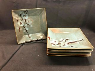 Pier 1 Tranquil Stoneware Cherry Blossoms Square Salad Plates Set Of 7 8 3/8 "
