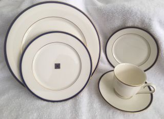 Lenox Urban Twilight China 5 Piece Place Setting Plates And Cup Blue Gold Band