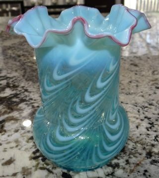 Northwood Twist Blue Opalescent Celery Vase Cranberry Frit Crest Glass Antique
