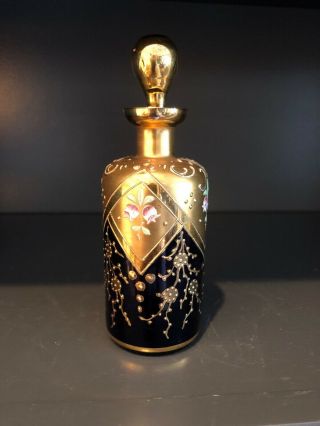 Vintage Cobalt Blue Heavy Gold Moriage Czech Bohemian Art Glass Perfume Bottle