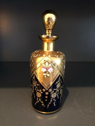 Vintage Cobalt Blue Heavy Gold Moriage Czech Bohemian Art Glass Perfume Bottle 2