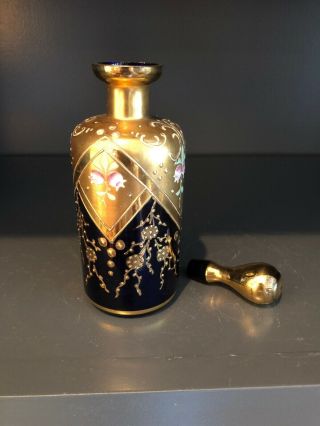 Vintage Cobalt Blue Heavy Gold Moriage Czech Bohemian Art Glass Perfume Bottle 5