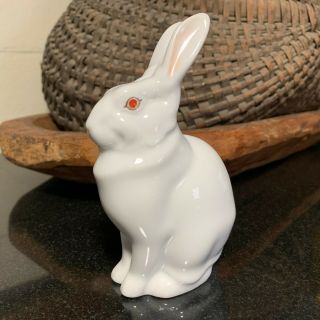 Herend 5 1/4 " Sitting White Rabbit Bunny Porcelain Figurine Red Eyes 5327