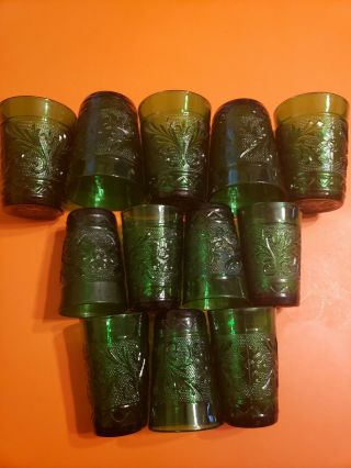 (12) Vtg Anchor Hocking Forest Green Sandwich Glass Juice Tumblers 1939 - 64 Ex