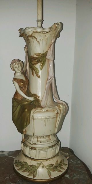 Antique Large Royal Dux Bohemia Nouveau Goddess Porcelain Figural Lamp