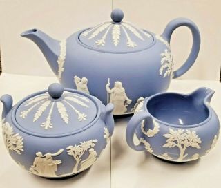 Wedgwood Blue Tea Set - Jasper Ware 3 Piece W/ White Embossed Greek Figures