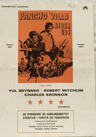 Villa Rides Yul Brynner Robert Mitchum Vtg 1968 Danish Movie Press Release
