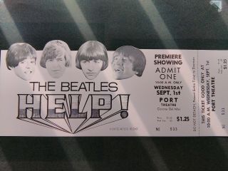 Beatles 1965 Ticket,  Help Movie Premiere Corona Del Mar Usa