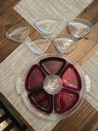 Vintage Manhattan Pattern Platter With Ruby Red Inserts And Center Bowl.  Plus