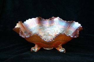 Fenton Iridescent Marigold Footed Carnival Glass Bowl “two Flowers” Pattern
