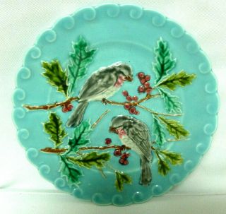 Antique French Majolica Plate Sarreguemines: Birds Pecking Cherries