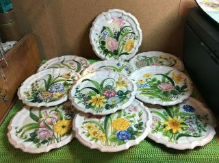 Vintage Hand Painted Italy Plates Cantagalli Rooster Mark Set 10 Majolica