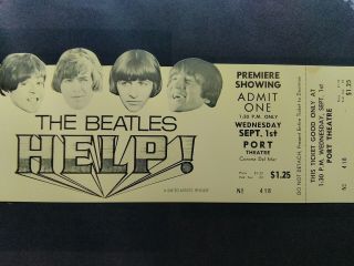 Beatles 1965 Ticket,  Help Movie Premiere Corona Del Mar Usa 2nd Show