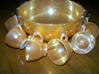 Vintage Peach Lustre Ware Milk Glass Punch Bowl With 11 Cups