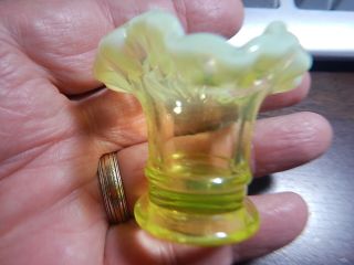 Fenton Vaseline Opalescent Miniature 4 " Mini Flower Basket.