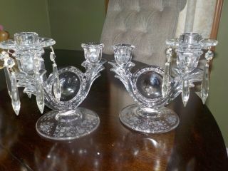 DUNCAN & MILLER FIRST LOVE ETCHED CRYSTAL CANDLE HOLDERS (GLASS PRISMS).  RARE 2