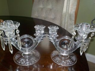 DUNCAN & MILLER FIRST LOVE ETCHED CRYSTAL CANDLE HOLDERS (GLASS PRISMS).  RARE 3