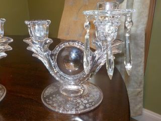 DUNCAN & MILLER FIRST LOVE ETCHED CRYSTAL CANDLE HOLDERS (GLASS PRISMS).  RARE 4