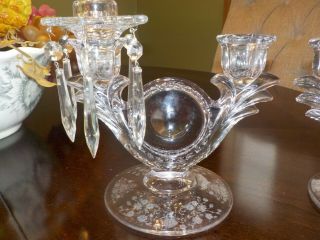 DUNCAN & MILLER FIRST LOVE ETCHED CRYSTAL CANDLE HOLDERS (GLASS PRISMS).  RARE 5