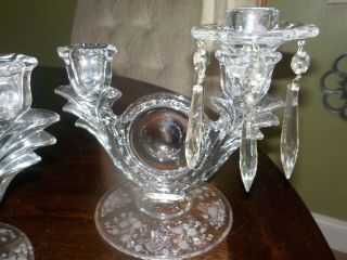DUNCAN & MILLER FIRST LOVE ETCHED CRYSTAL CANDLE HOLDERS (GLASS PRISMS).  RARE 6