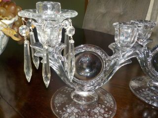 DUNCAN & MILLER FIRST LOVE ETCHED CRYSTAL CANDLE HOLDERS (GLASS PRISMS).  RARE 7