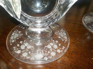 DUNCAN & MILLER FIRST LOVE ETCHED CRYSTAL CANDLE HOLDERS (GLASS PRISMS).  RARE 8