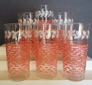 Pink Basket Weave Lattice & White Ivy 16oz Tumblers Federal Glass Set Of 6