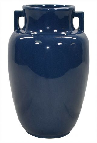 Vintage Roseville Pottery Rosecraft Colors Blue Art Deco Handled Vase 351 - 10