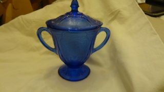 Rare Hazel Atlas Royal Lace Blue Depression Glass Footed Sugar Bowl & Lid