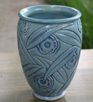 Antique Weller Pottery Pot Vase Paragon Pale Blue Floral Flower Vintage Art Deco
