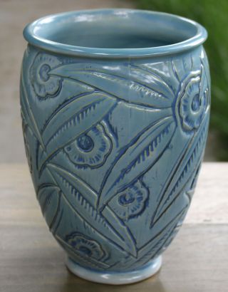 Antique Weller Pottery Pot Vase Paragon Pale Blue Floral Flower Vintage Art Deco 2