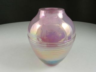 Roger Vines Studio Art Glass Vase Mt St Helen Ash Iridized Pink 4 3/4 " T Ca 1986