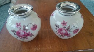 Vintage Pair Thomas Ivory Bavaria Porcelain Vases Silver Rims Roses Bin Obo Fs