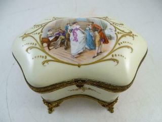 Antique Porcelain Dresser Trinket Box Dancing Lovers France Limoges Bps Brass