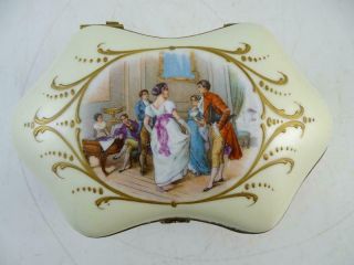 Antique Porcelain Dresser Trinket Box Dancing Lovers France Limoges BPS Brass 2