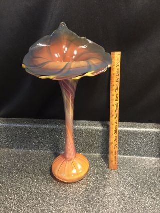 Antique Artistic Flower Shaped Hand Blown Glass Vase 14.  5 " Tall