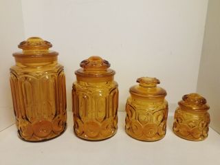 L.  E.  Smith Moon And Stars 4 Piece Amber Canister Set Cond