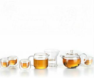 Sama T110 Glass Mini Gongfu Tea Set Teapot Pitcher Strainer 4 Double Wall Cups