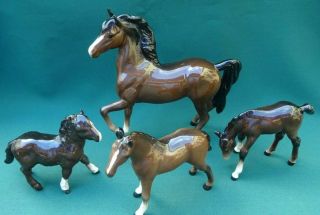 4 Beswick Brown Horse / Pony Figures - Shetland Pony,  2 Foals & Prancing Arab
