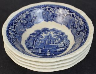 4 Pc Vintage 1940s Masons Vista Blue Transferware Porcelain Coupe Cereal Bowls